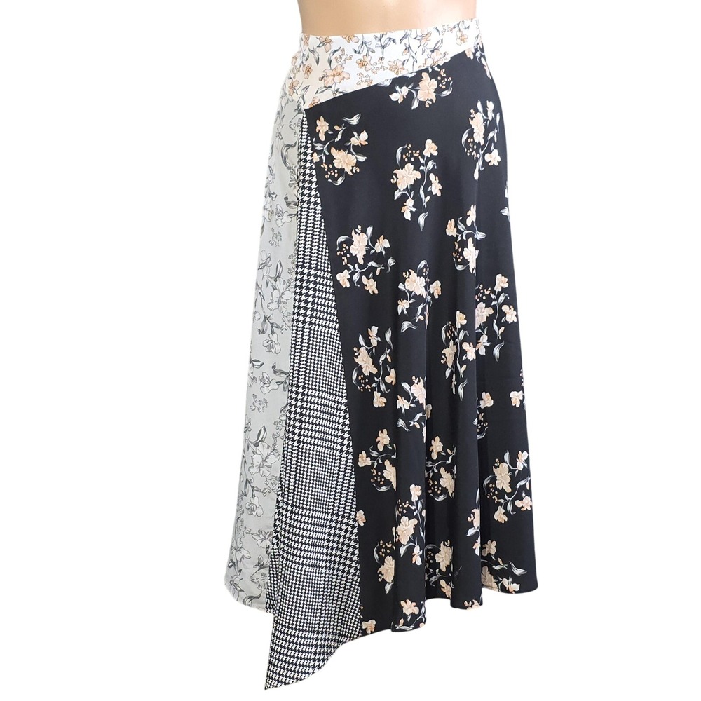 Calvin Klein Skirt Womens M Black Hippie Floral Houndstooth Asymmetrical Midi